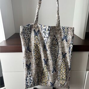 Canvas Fish Print Tote Bag in Blue and Yellow